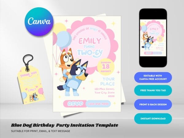 Editable Bluey Birthday Invitation, Bluey TwoEy Birthday Invitation Template, Digital Direct Download - Image 2