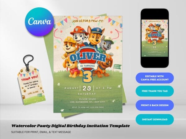 Editable Watercolor Paw Patrol Birthday Invitation, Paw Patrol Birthday Invitation Template, Digital Direct Download - Image 2