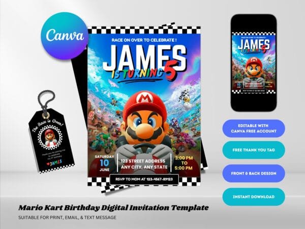 Editable Mario Kart Birthday Invitation, Mario Birthday Invitation Template, Digital Direct Download - Image 2