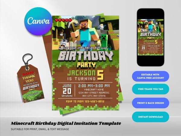 Editable Minecraft Birthday Invitation, Minecrafter Birthday Invitation Template, Digital Direct Download - Image 2