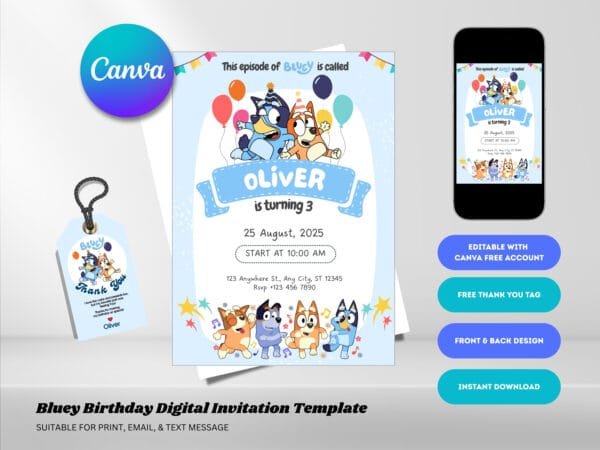 Editable Bluey Birthday Invitation, Blue Birthday Invitation Template, Digital Direct Download - Image 2