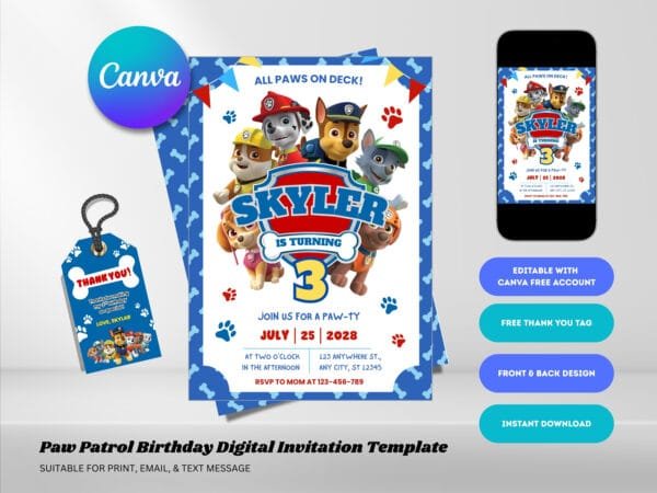 Editable Paw Patrol Birthday Invitation, Pawty Birthday Invitation Template, Digital Direct Download - Image 2
