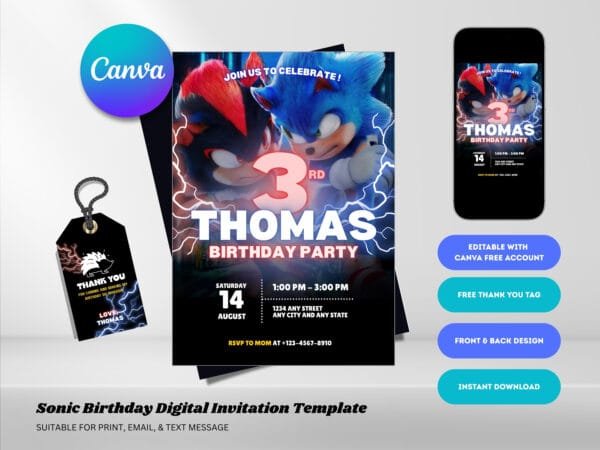 Editable Sonic The Hedgehog Birthday Invitation, Sonic 3 Birthday Invitation Template, Digital Direct Download - Image 2