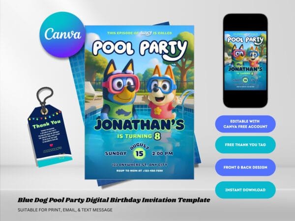Editable Bluey Pool Party Birthday Invitation, Bluey Birthday Invitation Template, Digital Direct Download - Image 2
