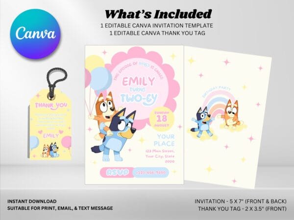 Editable Bluey Birthday Invitation, Bluey TwoEy Birthday Invitation Template, Digital Direct Download - Image 3