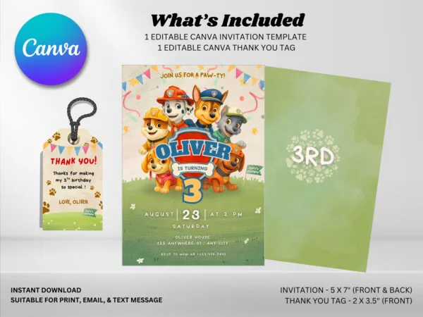 Editable Watercolor Paw Patrol Birthday Invitation, Paw Patrol Birthday Invitation Template, Digital Direct Download - Image 3
