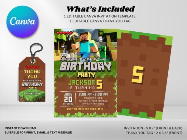 Editable Minecraft Birthday Invitation, Minecrafter Birthday Invitation Template, Digital Direct Download - Image 3