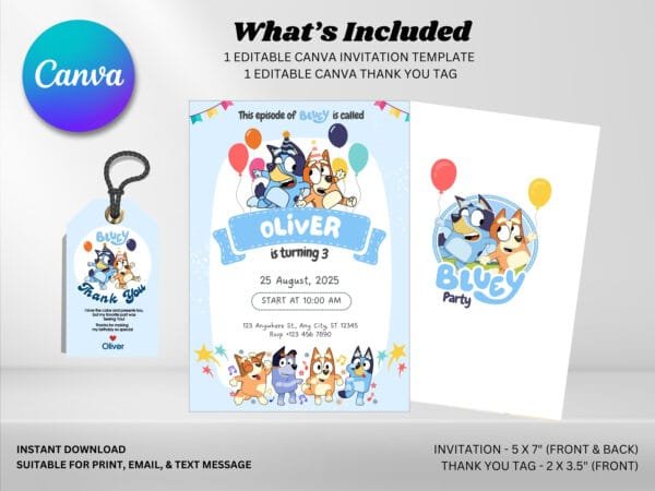 Editable Bluey Birthday Invitation, Blue Birthday Invitation Template, Digital Direct Download - Image 3