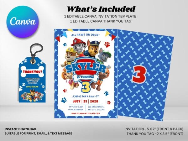 Editable Paw Patrol Birthday Invitation, Pawty Birthday Invitation Template, Digital Direct Download - Image 3