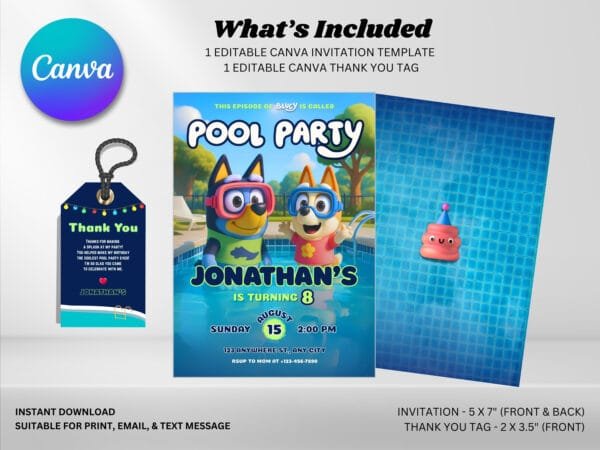 Editable Bluey Pool Party Birthday Invitation, Bluey Birthday Invitation Template, Digital Direct Download - Image 3