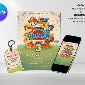 Editable Watercolor Paw Patrol Birthday Invitation, Paw Patrol Birthday Invitation Template, Digital Direct Download