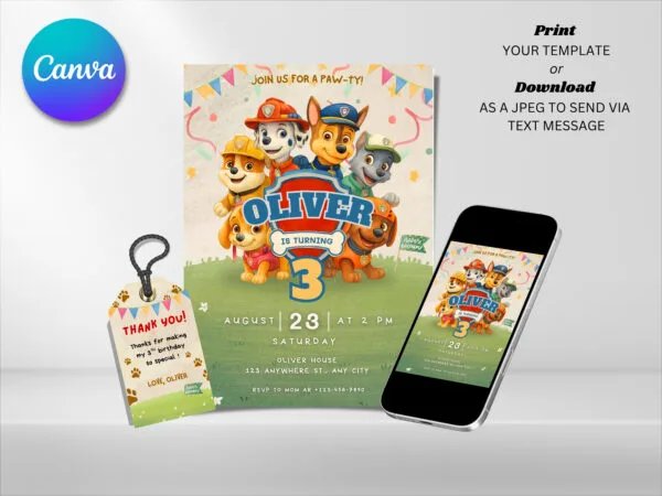 Editable Watercolor Paw Patrol Birthday Invitation, Paw Patrol Birthday Invitation Template, Digital Direct Download