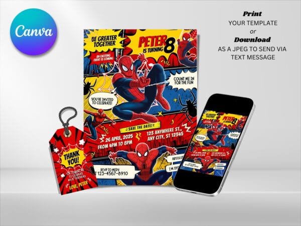 Editable Spiderman Comic Birthday Invitation, Spiderman Birthday Invitation Template, Digital Direct Download