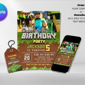 Editable Minecraft Birthday Invitation, Minecrafter Birthday Invitation Template, Digital Direct Download