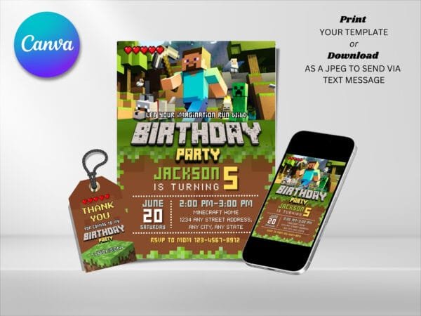 Editable Minecraft Birthday Invitation, Minecrafter Birthday Invitation Template, Digital Direct Download