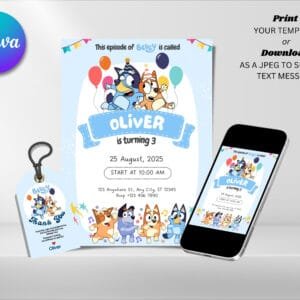 Editable Bluey Birthday Invitation, Blue Birthday Invitation Template, Digital Direct Download