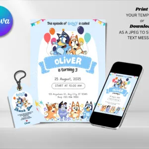 Editable Bluey Birthday Invitation, Blue Birthday Invitation Template, Digital Direct Download