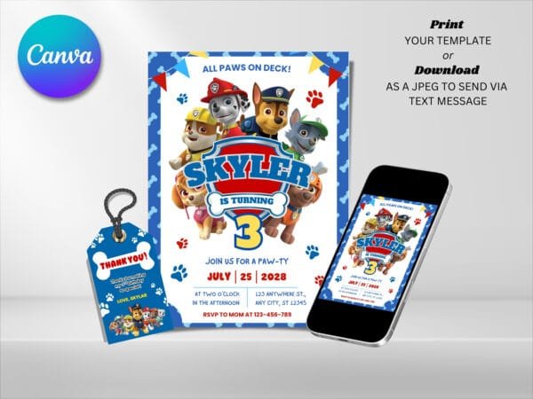 Editable Paw Patrol Birthday Invitation, Pawty Birthday Invitation Template, Digital Direct Download