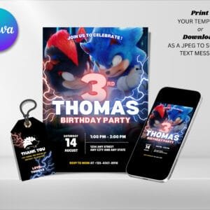 Editable Sonic The Hedgehog Birthday Invitation, Sonic 3 Birthday Invitation Template, Digital Direct Download