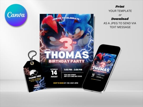 Editable Sonic The Hedgehog Birthday Invitation, Sonic 3 Birthday Invitation Template, Digital Direct Download