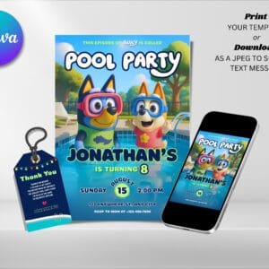 Editable Bluey Pool Party Birthday Invitation, Bluey Birthday Invitation Template, Digital Direct Download