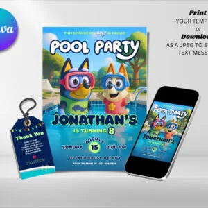 Editable Bluey Pool Party Birthday Invitation, Bluey Birthday Invitation Template, Digital Direct Download