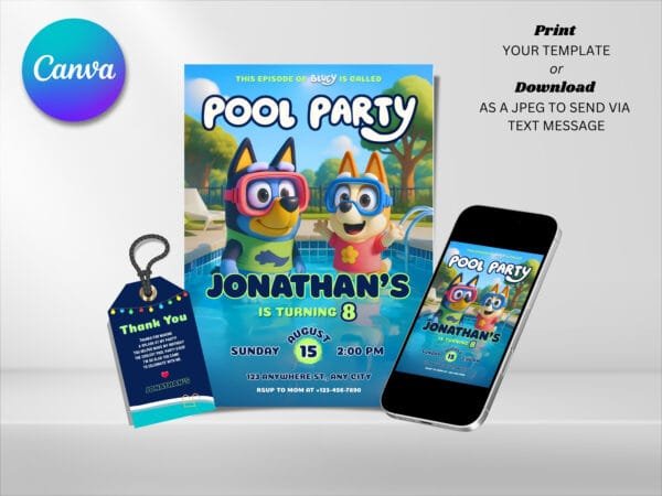 Editable Bluey Pool Party Birthday Invitation, Bluey Birthday Invitation Template, Digital Direct Download