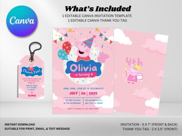 Editable Pink Pig Birthday Invitation, Peppa Pig Birthday Invitation Template, Digital Direct Download - Image 5