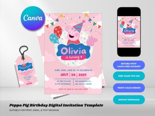 Editable Pink Pig Birthday Invitation, Peppa Pig Birthday Invitation Template, Digital Direct Download - Image 2