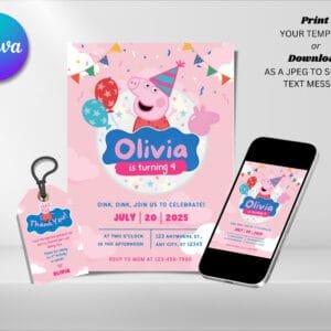 Editable Pink Pig Birthday Invitation, Peppa Pig Birthday Invitation Template, Digital Direct Download