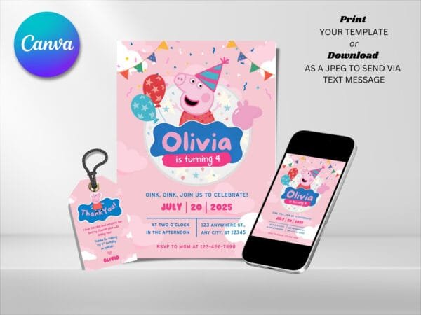 Editable Pink Pig Birthday Invitation, Peppa Pig Birthday Invitation Template, Digital Direct Download