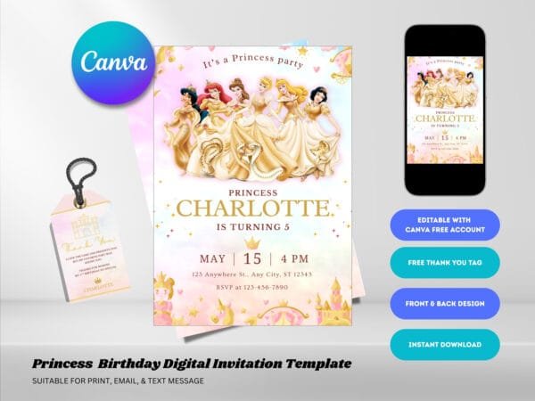 Editable Princess Birthday Invitation, Princess Birthday Invitation Template, Digital Direct Download - Image 2