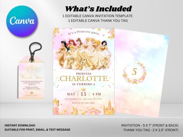 Editable Princess Birthday Invitation, Princess Birthday Invitation Template, Digital Direct Download - Image 4