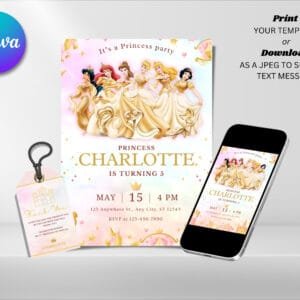 Editable Princess Birthday Invitation, Princess Birthday Invitation Template, Digital Direct Download