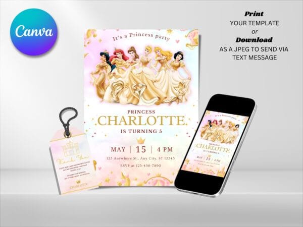 Editable Princess Birthday Invitation, Princess Birthday Invitation Template, Digital Direct Download