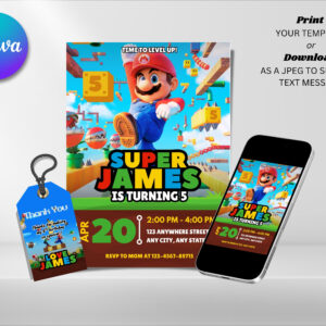 Editable Super Mario Birthday Invitation, Mario Bros Birthday Invitation Canva Template, Digital Direct Download