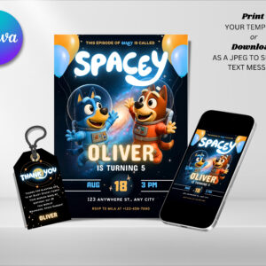 Editable Spacey Dog Birthday Invitation, Bluey Birthday Invitation Canva Template, Digital Direct Download