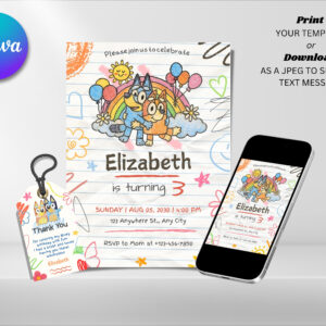 Editable Crayon Bluey Birthday Invitation, Blue Dog Birthday Invitation Canva Template, Digital Direct Download