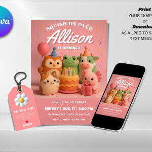 Editable Squishmallow Birthday Invitation, Squishy Birthday Invitation Canva Template, Digital Direct Download