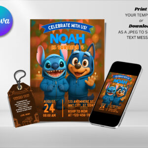 Editable Paw and Stitch Birthday Invitation, Blue Dog and Blue Monster Birthday Invitation Canva Template, Digital Direct Download