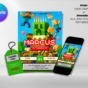 Editable Minecraft Birthday Invitation, Gamer Birthday Invitation Canva Template, Digital Direct Download